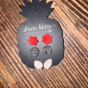 Red Floral and Black Glitter Earrings Set